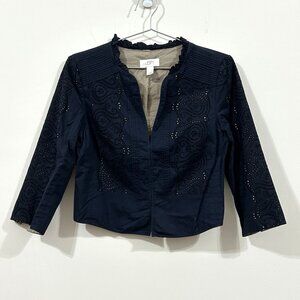 ANN TAYLOR LOFT Blazer Womens 6 Navy Eyelet Ruffle Cropped 3/4 Sleeve Cotton